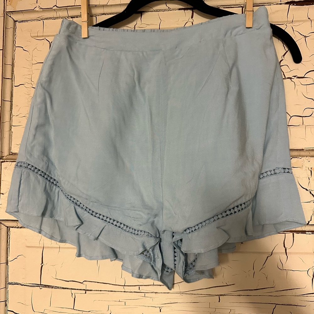 by the way. Light Blue Ruffle Trim High-Rise Shorts